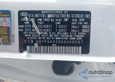 2016 Kia Sorento 3.3L Lx from USA, damaged, VIN 5XYPG4A58GG008587